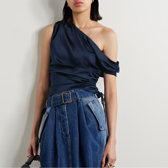 Veronica Beard Tops - Veronica Beard Dione one shoulder draped silk satin top in navy